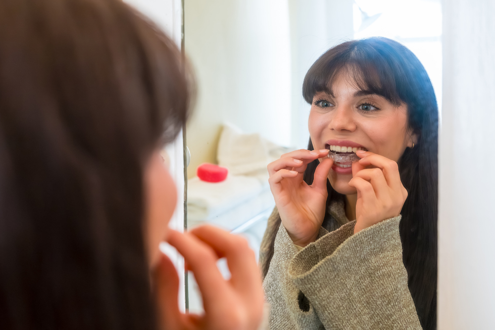 Woman fitting Invisalign clear aligners at home as part of her daily routine