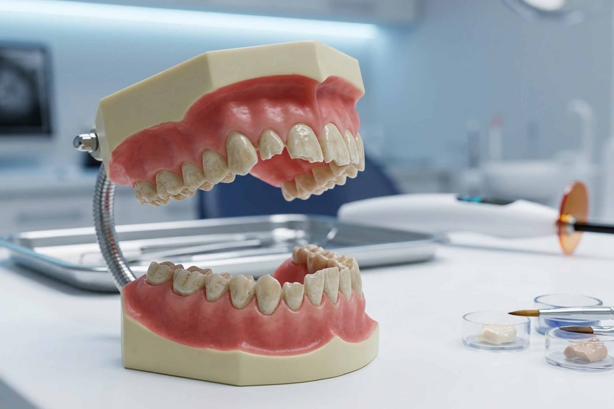 Dental model demonstrating chipped and worn teeth suitable for composite bonding treatment