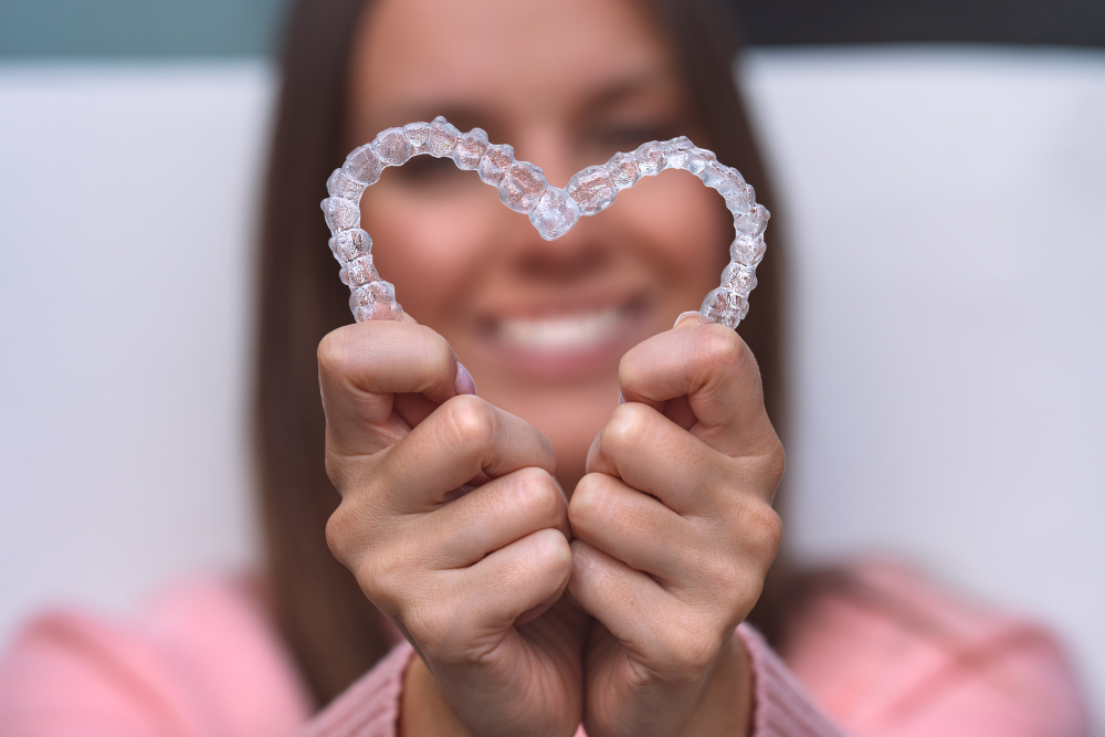 Patient holding Invisalign clear aligners in a heart shape after successful teeth straightening treatment